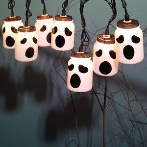 Halloween 8 LED Ghost Mason Jar Lights Indoor Use Decoration Spooky Cute Design